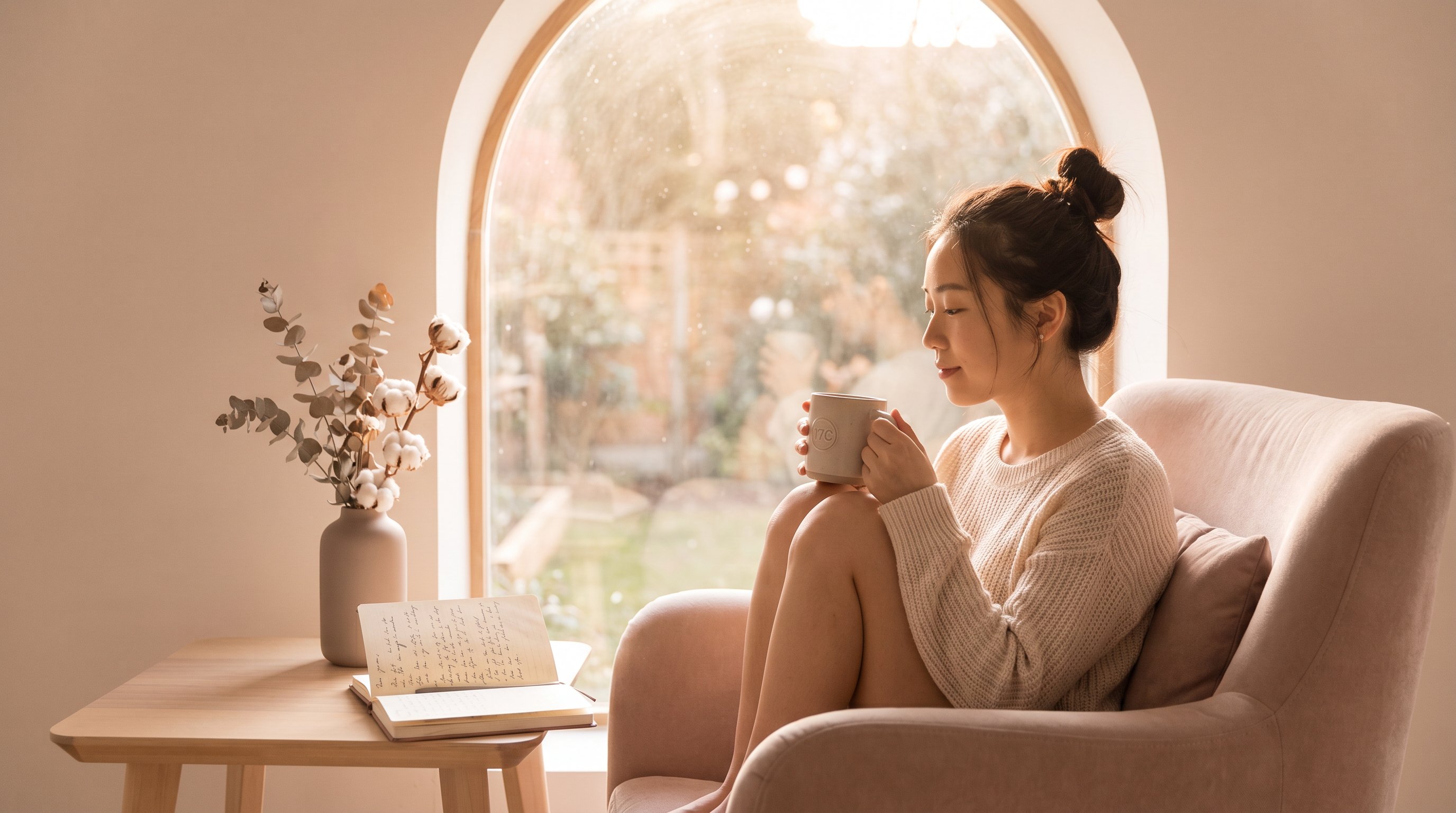 17C女性疗愈品牌首屏，温柔的女性坐在窗边品茶，www.vrvayll.cn