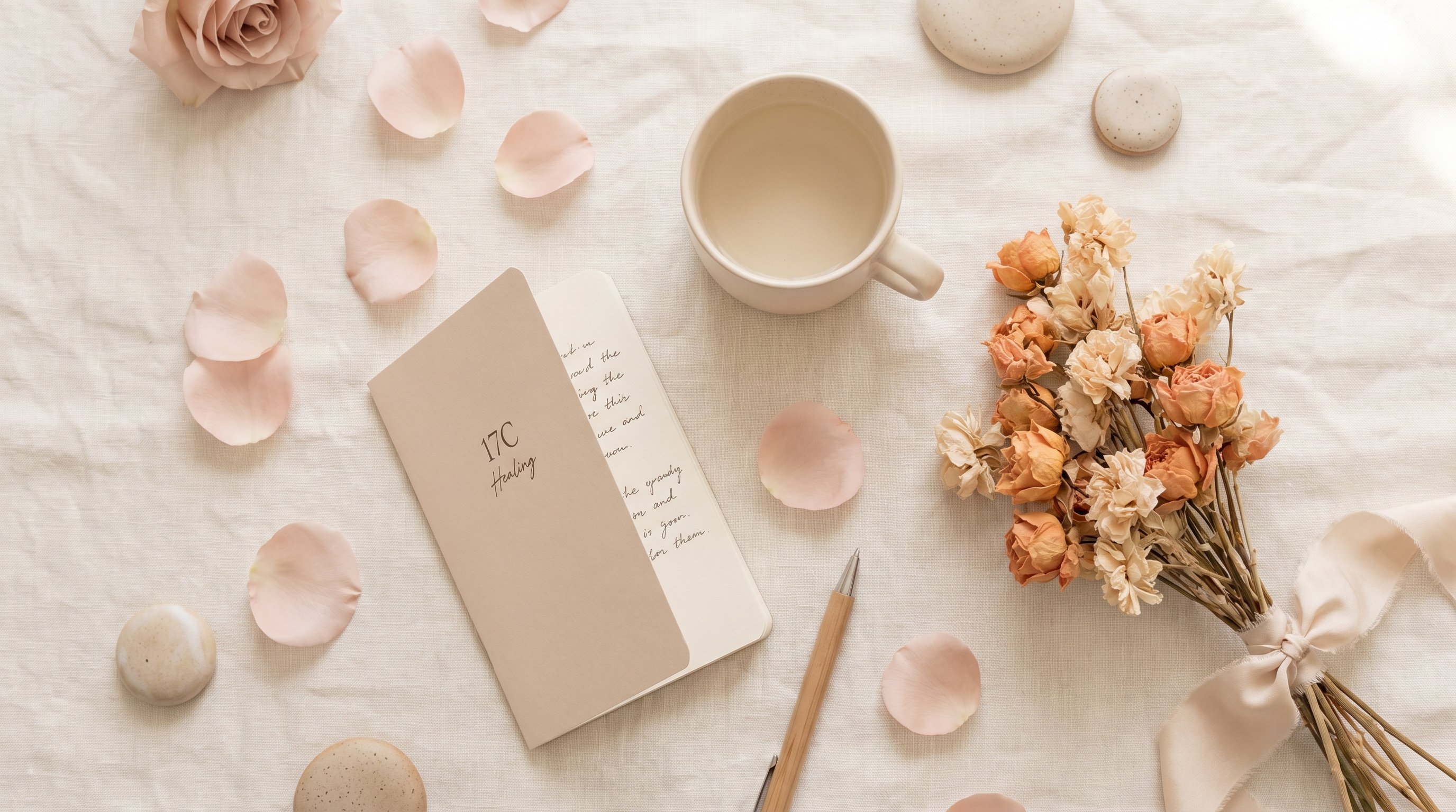 17C品牌理念背景，温柔的花瓣与日记本，www.vrvayll.cn